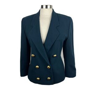 Ellen Tracy Blazer 6 Womens Petite Green Gold Buttons Double Breasted Vintage
